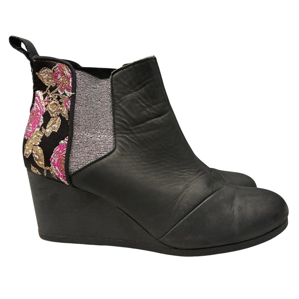 TOMS Kelsey Wedge Booties Womens 10 Black Embroidered Floral Ankle Boots